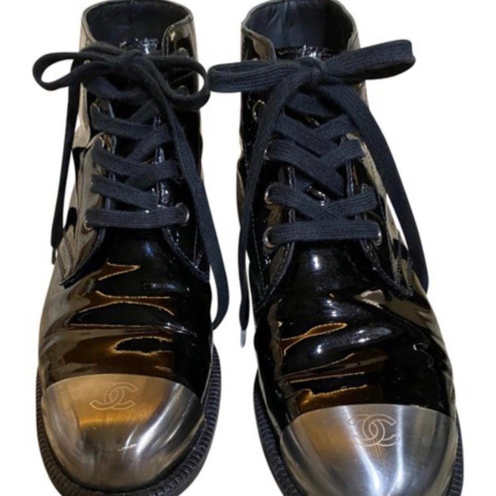 Chanel combat patent leather boots